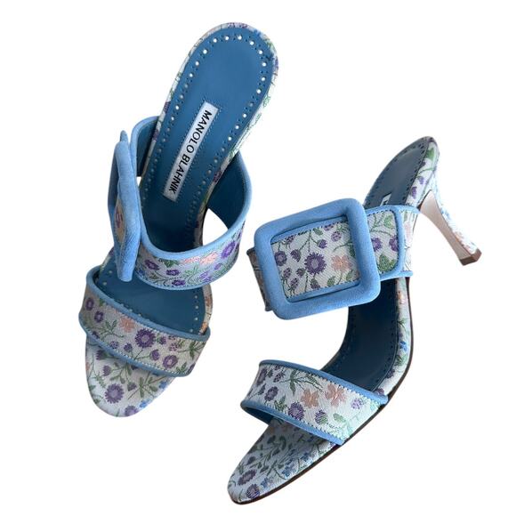 Manolo Blahnik Floral Blue Gable Buckle High Heel Sandal Mule 37 - Picture 1 of 11